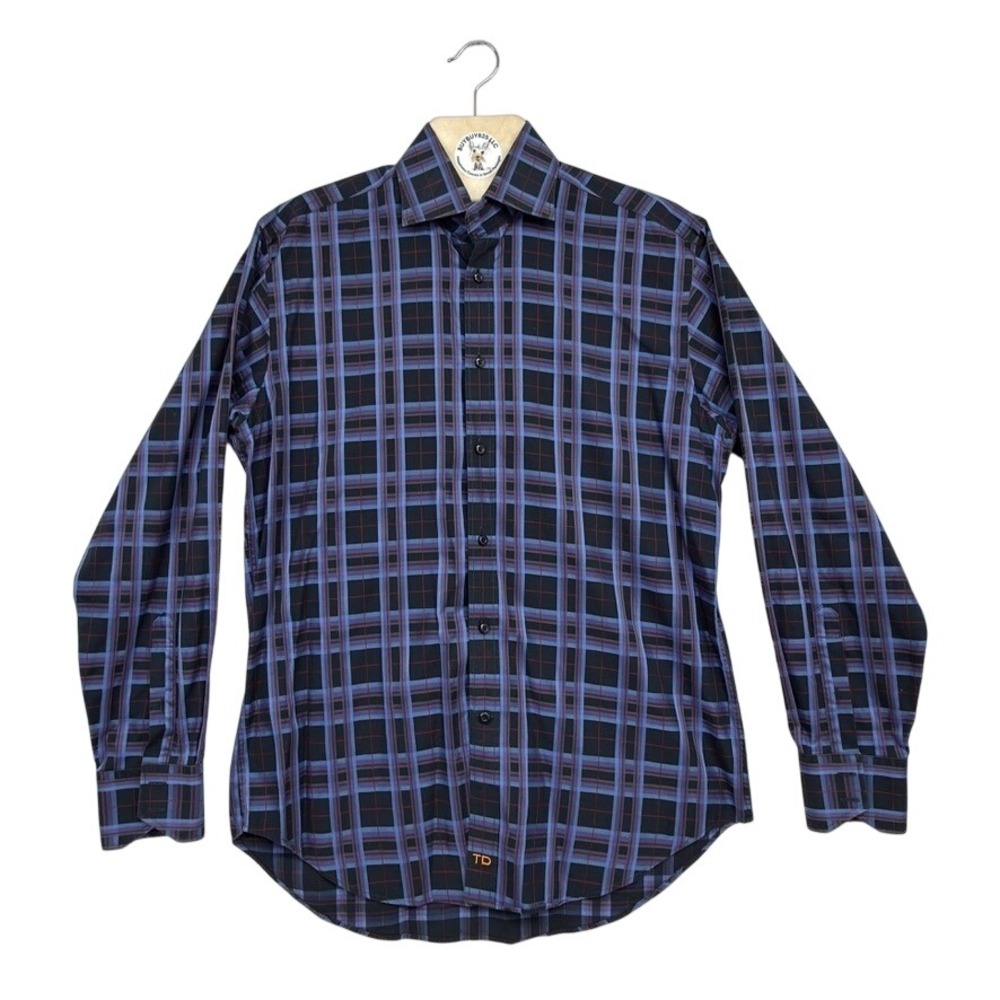 TD Mens Plaid Button Down Long Sleeve Dress Shirt Blue Burgundy Black Size XL